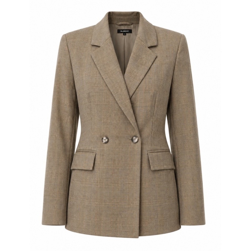BLANKNYC Women's Plaid Double Breasted Blazer Brown Tailored Career Jacket Small